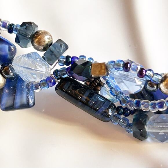 Blue Chunky Glass Multi Strand Bracelet Sterling Silver 925 Heart Clasp - Picture 9 of 9